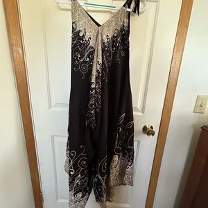 100% cotton, brown and white jumpsuit. Flowing, tie shoulders Indonesia boho